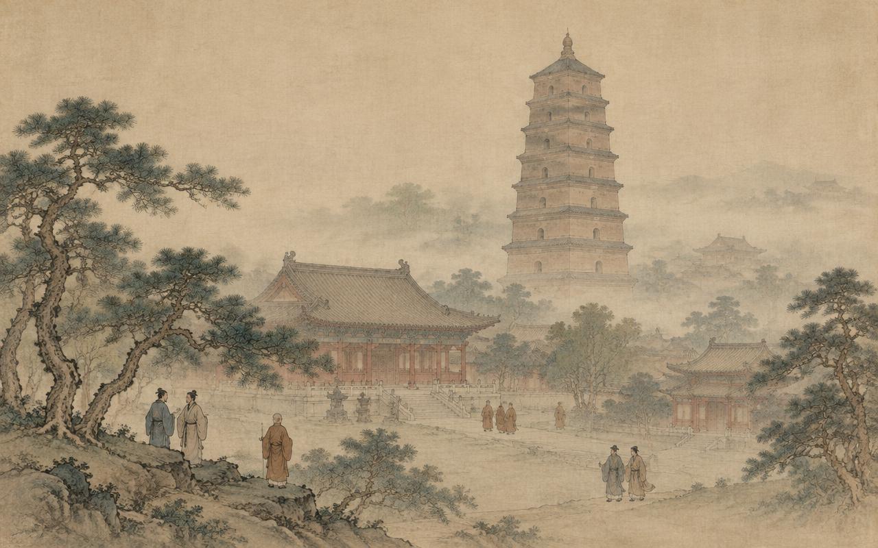 慈恩寺與大雁塔的水墨設色畫